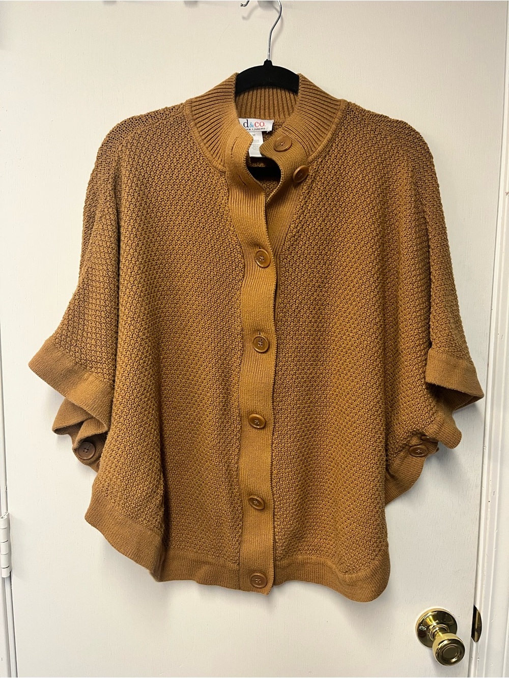 d&co Camel Button Front Knit Poncho Cardigan Sweater M